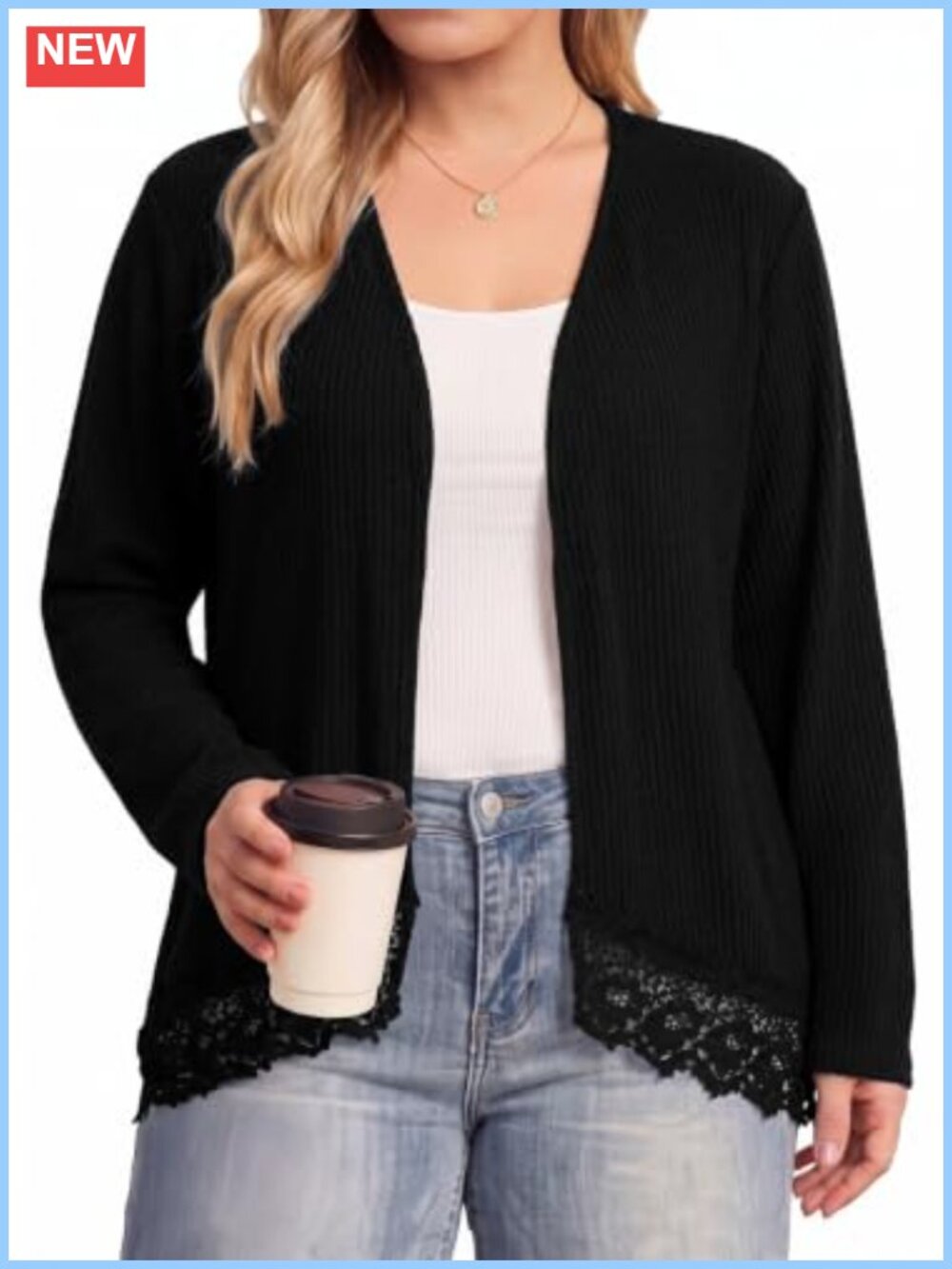 Plus Size Lightweight Ribbed Knit Lace Hem Long Sleeve Cardigan